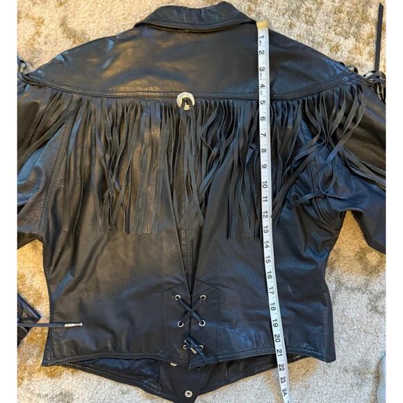 VTG Winlit Black Leather Fringed Cropped Biker Motorcycle Jacket Silver L - Picture 5 of 6